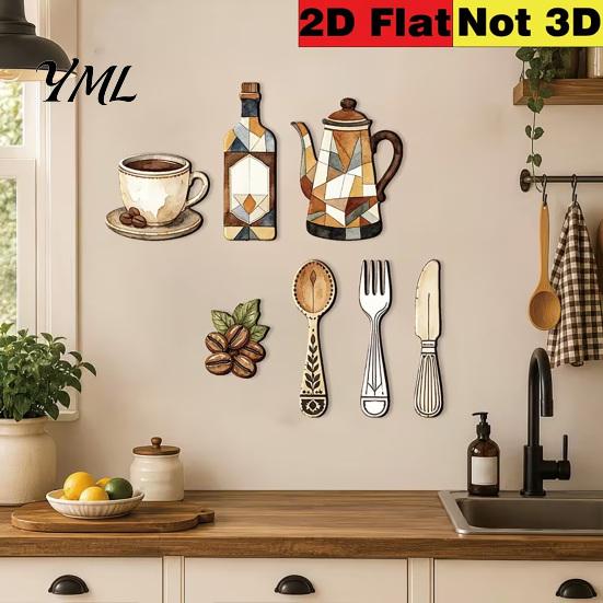 Dining Room Wall Decor 7Pcs Farmhouse Coffee Themed Wooden Decor, 2D Flat Kitchen Art Vintage Accents Plaques, Retro Rustic Ornaments for Home