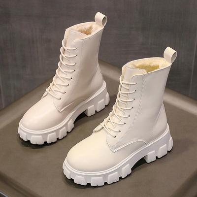 Design Klobige Plateau Stiefeletten für Damen Herbst Winter Warm Plüsch PU Leder Dicke Sohle Schnürschuhe Frau