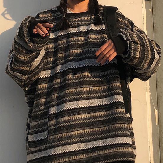 Women Sweater Stripe Vintage Style Slouchy Oversized Fall Sweater for Daily Wear