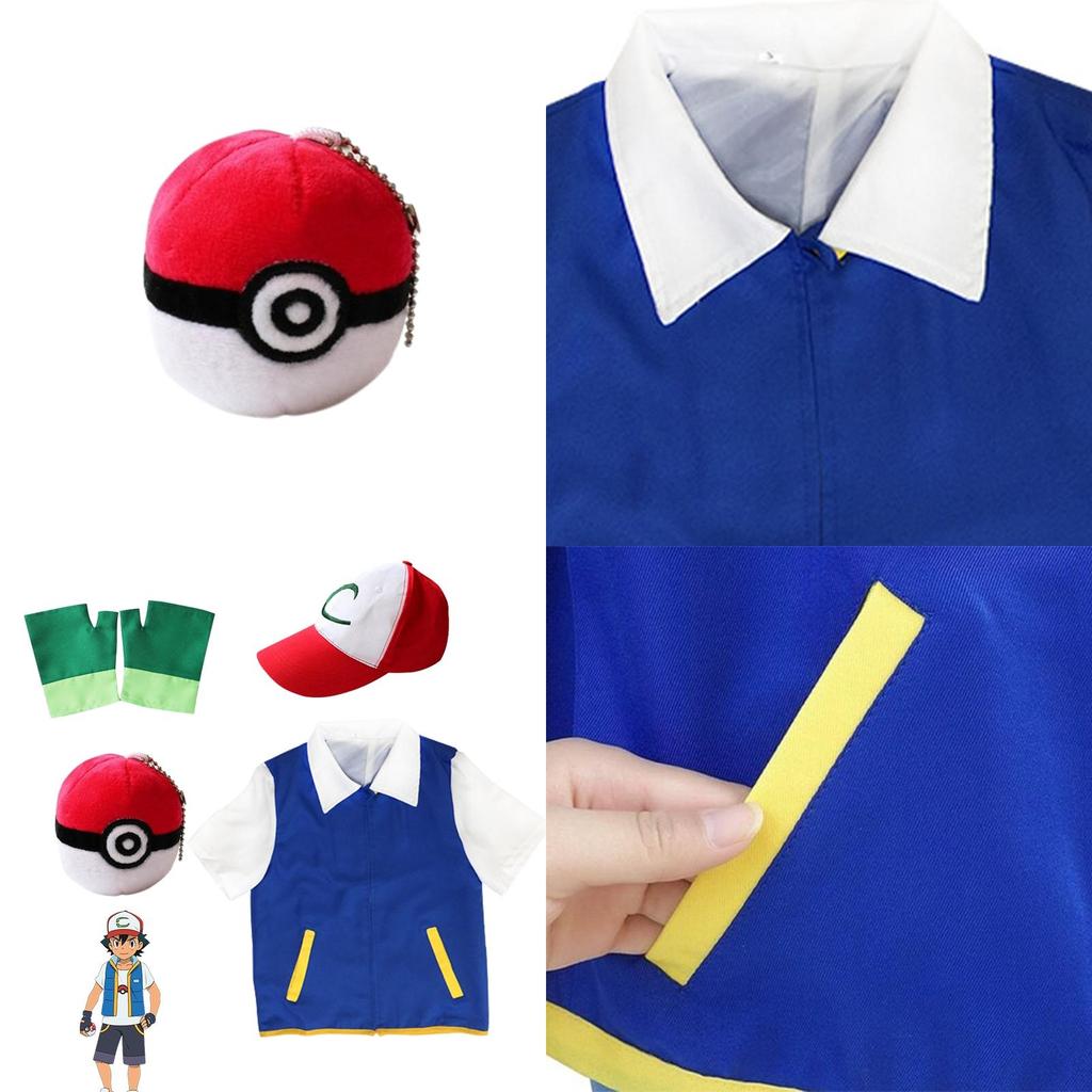 Pokemon Ash Ketchum Cosplay Costume Full Set Adults Jacket Gloves Hat Halloween High Quality Elastic Soft Polyester Material