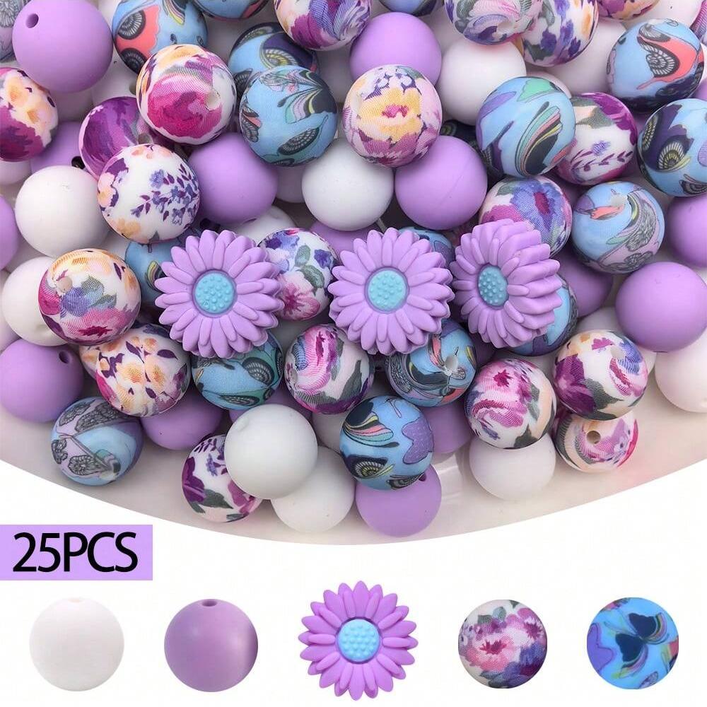 25PCS daisy and floral printed silicone bead set, punk style, suitable for DIY keychains, bracelets, bead pens