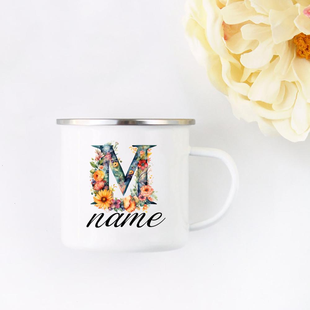 Personalisierte Blumige Initialen Namensbecher Benutzerdefinierter Name Tee Kaffee Heiße Schokolade Tasse Braut Brautjungfer Muttertag Geschenk für Sie
