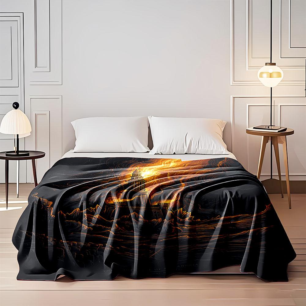 A fiery lighthouse towers over turbulent waves in a dark, stormy setting. for all seasons blanket lunch break throw gift