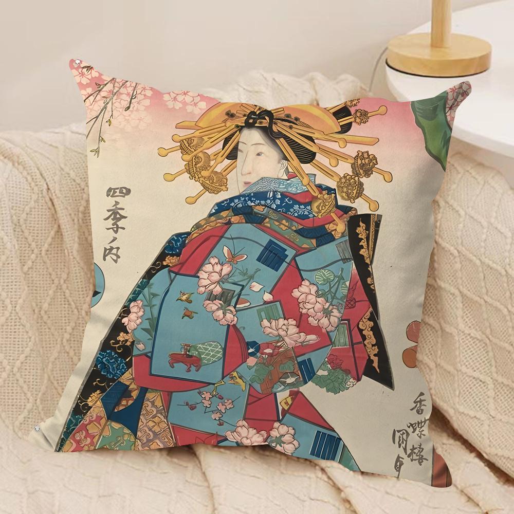 Retro Japanese Geisha Cushion Cover Silky Short Plush Invisible Zipper Dustproof Sofa Pillow Case For Home Decor