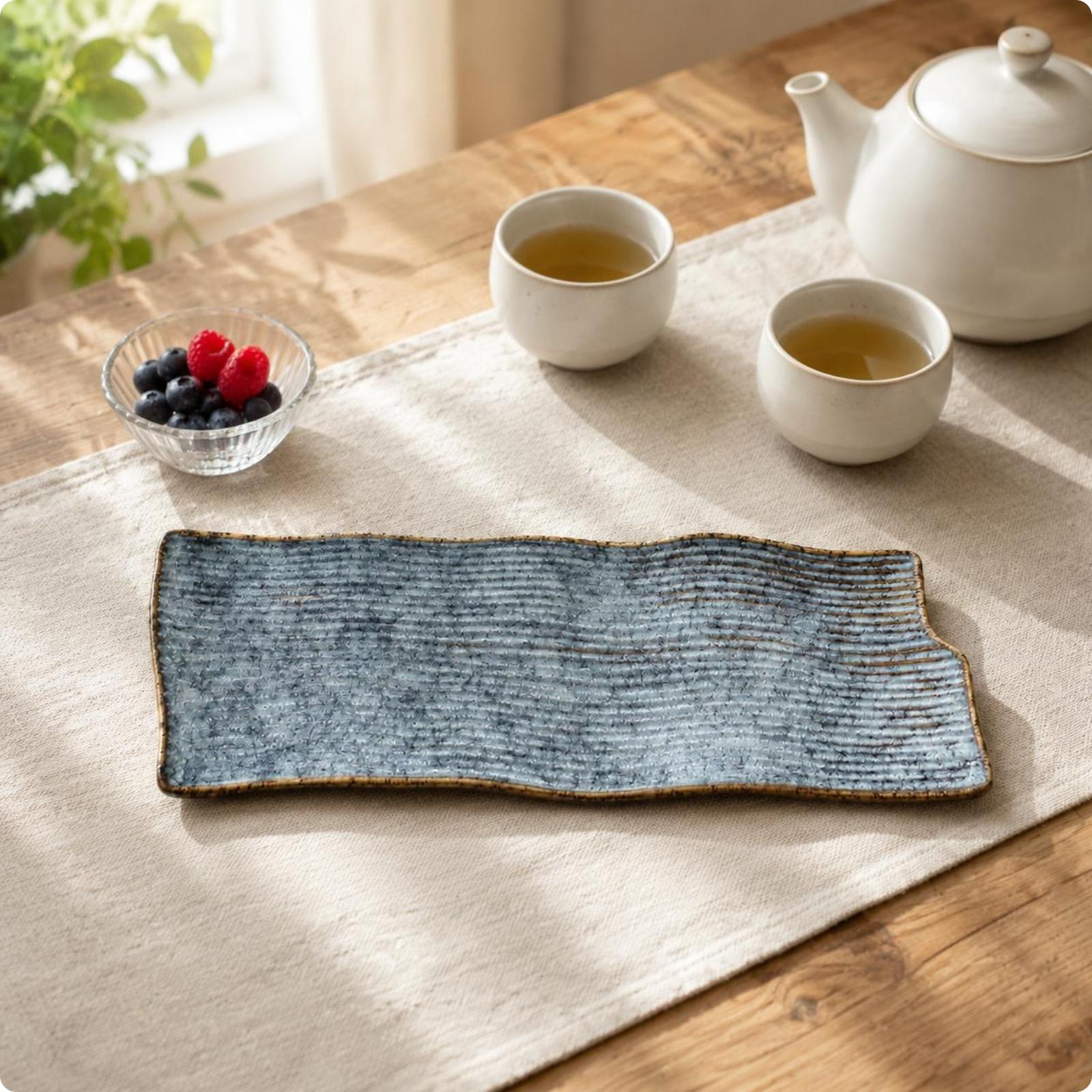 Ribbed Sushi Plate Slim Wavy Ceramic Plate Sushi Serving Platter