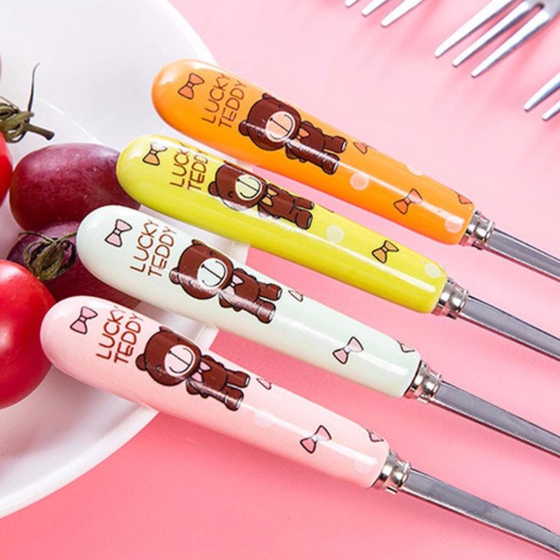 Вилка для фруктов из нержавеющей стали с керамической ручкой Милый Медведь Десертная вилка Экологичная посуда Детские вилки Кухонная посуда bear green