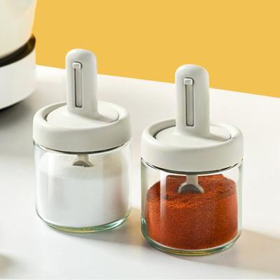 Gewürzglas, Gewürzflasche aus Glas, großes Fassungsvermögen, durchsichtiger Körper, Teleskoplöffel, Deckel, auslaufsicher, feuchtigkeitsbeständig, Salzaufbewahrungsbox für den Haushalt und die Küche