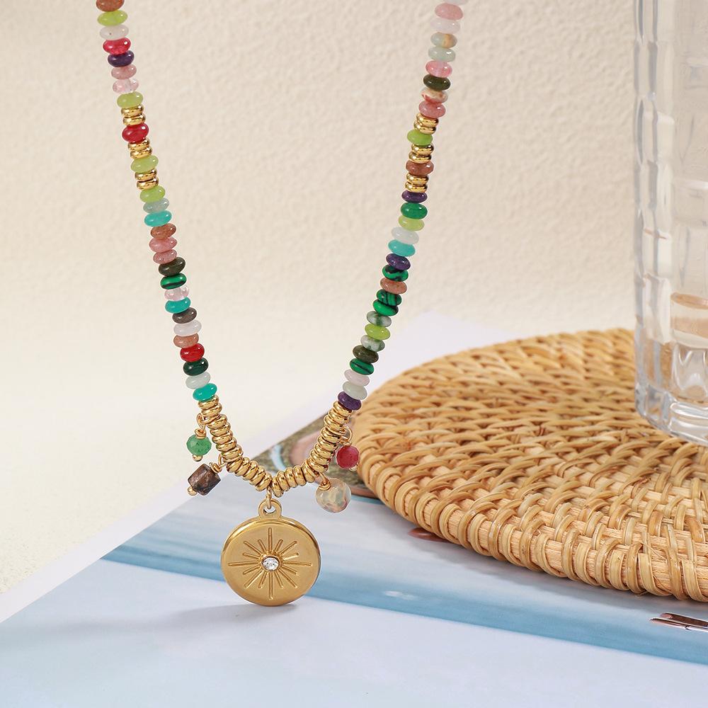 GEMCHIC Women's Colorful Beaded Necklace with Geometric Sun Pendant, Vintage Ethnic Style Natural Stone Choker