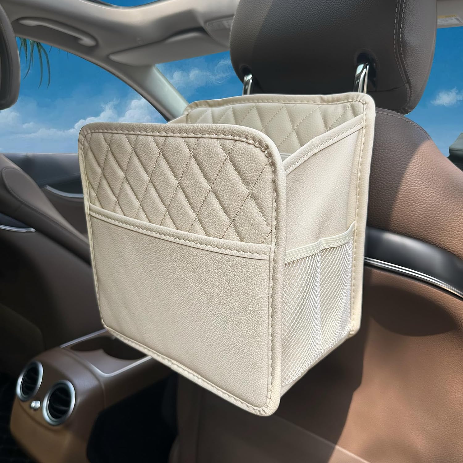 

Upgrade Car Seat Organizer Backseat with Storage Pockets, Multipurpose Car Organizer Hanging, Car Trash Bag Can,Premium PU Leather Garbage Can 2.14 бежевый