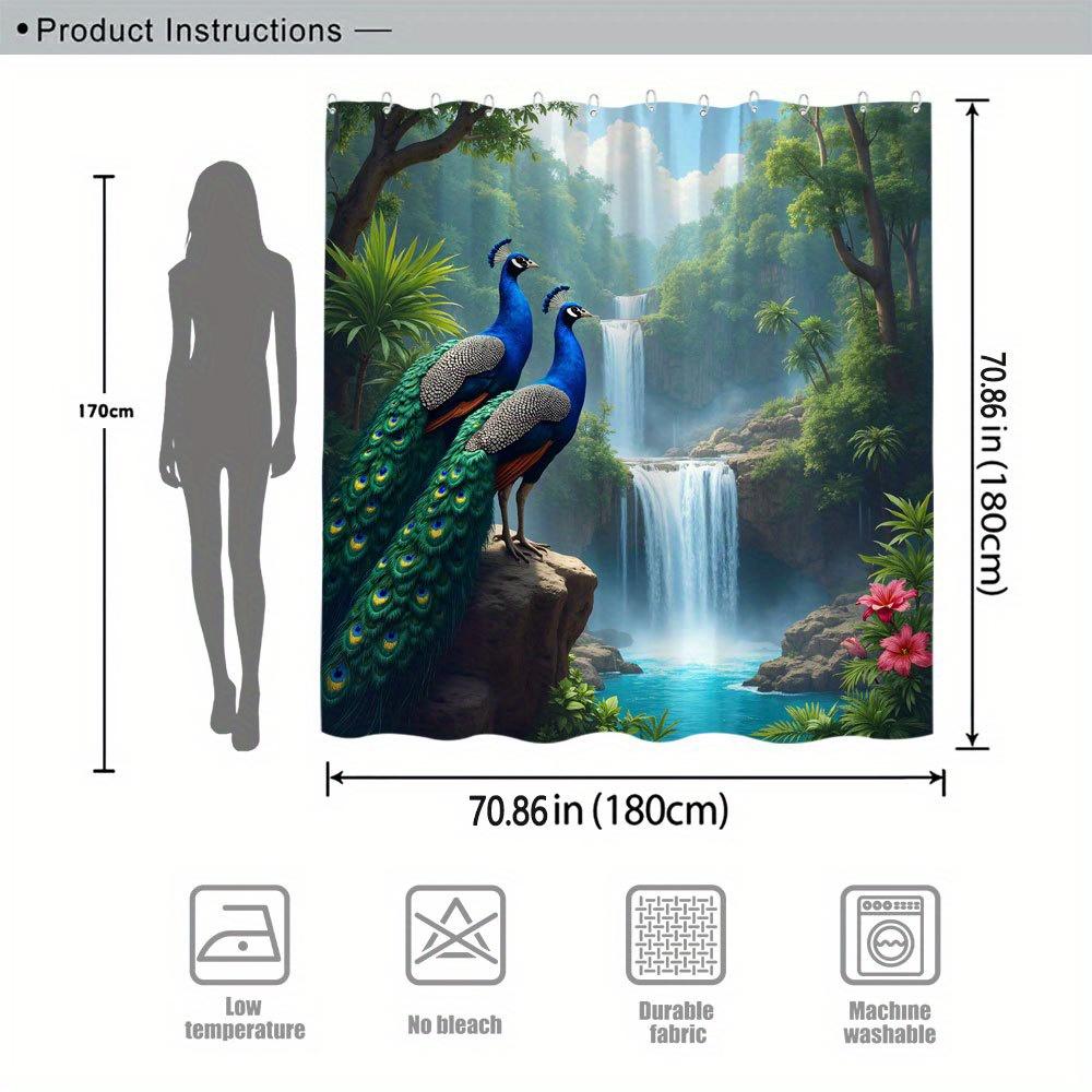 Tropical Forest Waterfall and Majestic Peacocks Waterproof Shower Curtain for Bathroom Decor