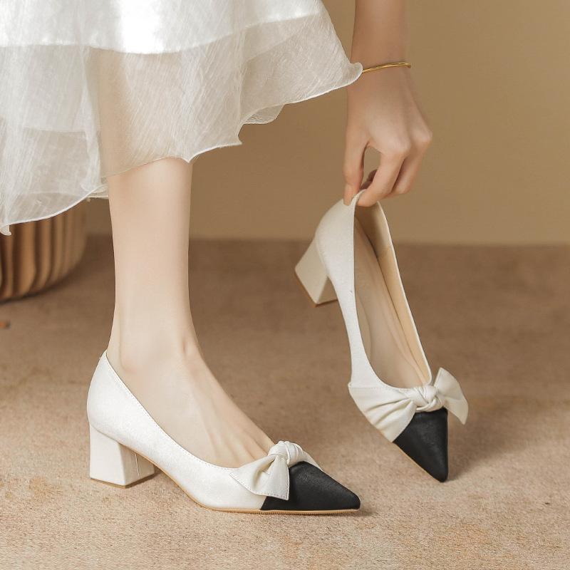 High Heels Women's Spring New Light Mouth Thick Heel Bow Single Shoes Women's Work Shoes Women