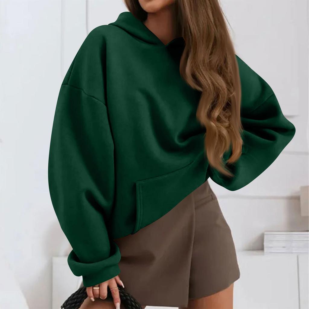 Women's And Winter Color Pullover Hooded Sweatshirt Fleece Plus Size Long Sleeve Short Fashion Sweatshirt