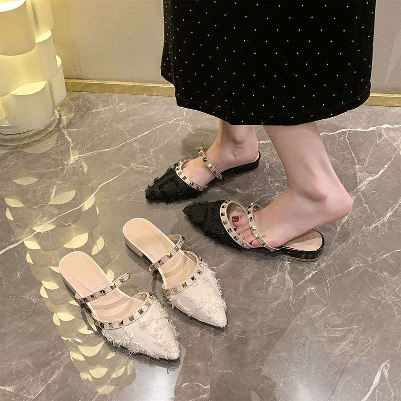 Rivet bag head half slippers women's summer wear new suede thick heel low heel one pedal lazy pointed sandals with skirt