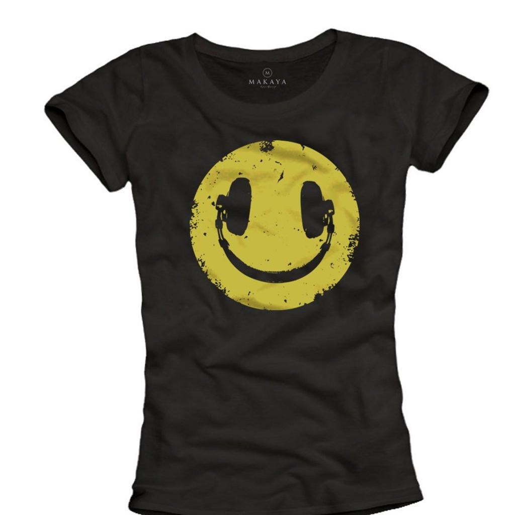 Womens Music T-Shirt Headphones Smile - Hip Hop Shirt black S/M/L