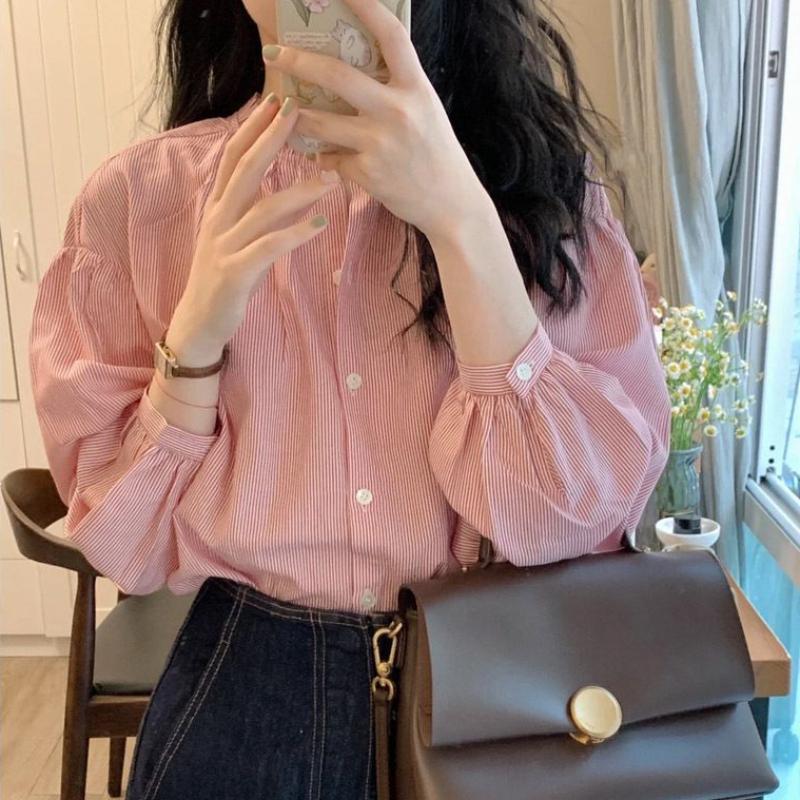 Pink Striped Shirt for Women Summer French Shirt Loose Fit Chic Top