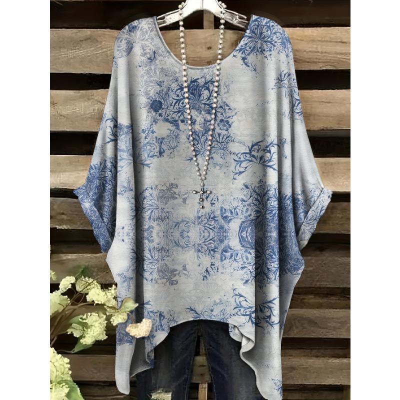 Women s Plus Size Short Sleeved Shirt, Ethnic Style Printed Round Neck T-shirt, Women s Plus Size Clothing, Accessories Not Included 1XL