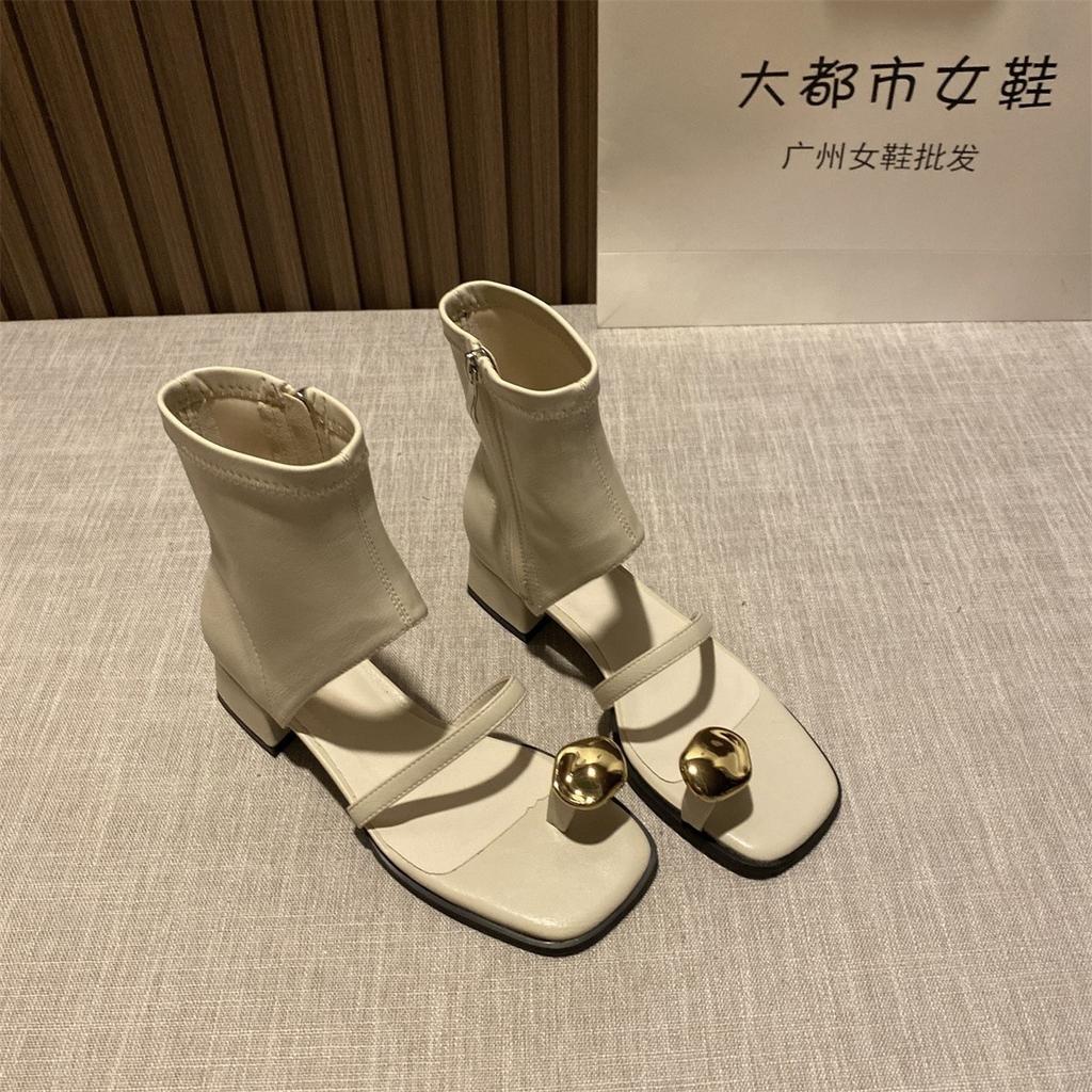 Fashion Design Sensation Black Sandals Women 2025Summer Square Head Thick Heel Bootie Hollow Out Side Zipper Toe Short Boot Korean Style