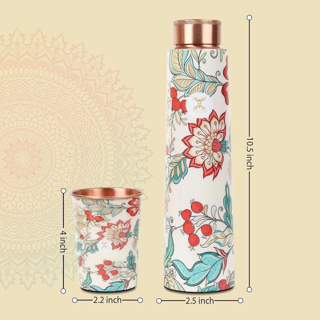 Bottle with 2 Glass | Leak Proof, Durable & Rust Proof | Non-Toxic & BPA Free Steel Bottles | Printed Tamba Bottle (900 ml - 2x 300 ml)