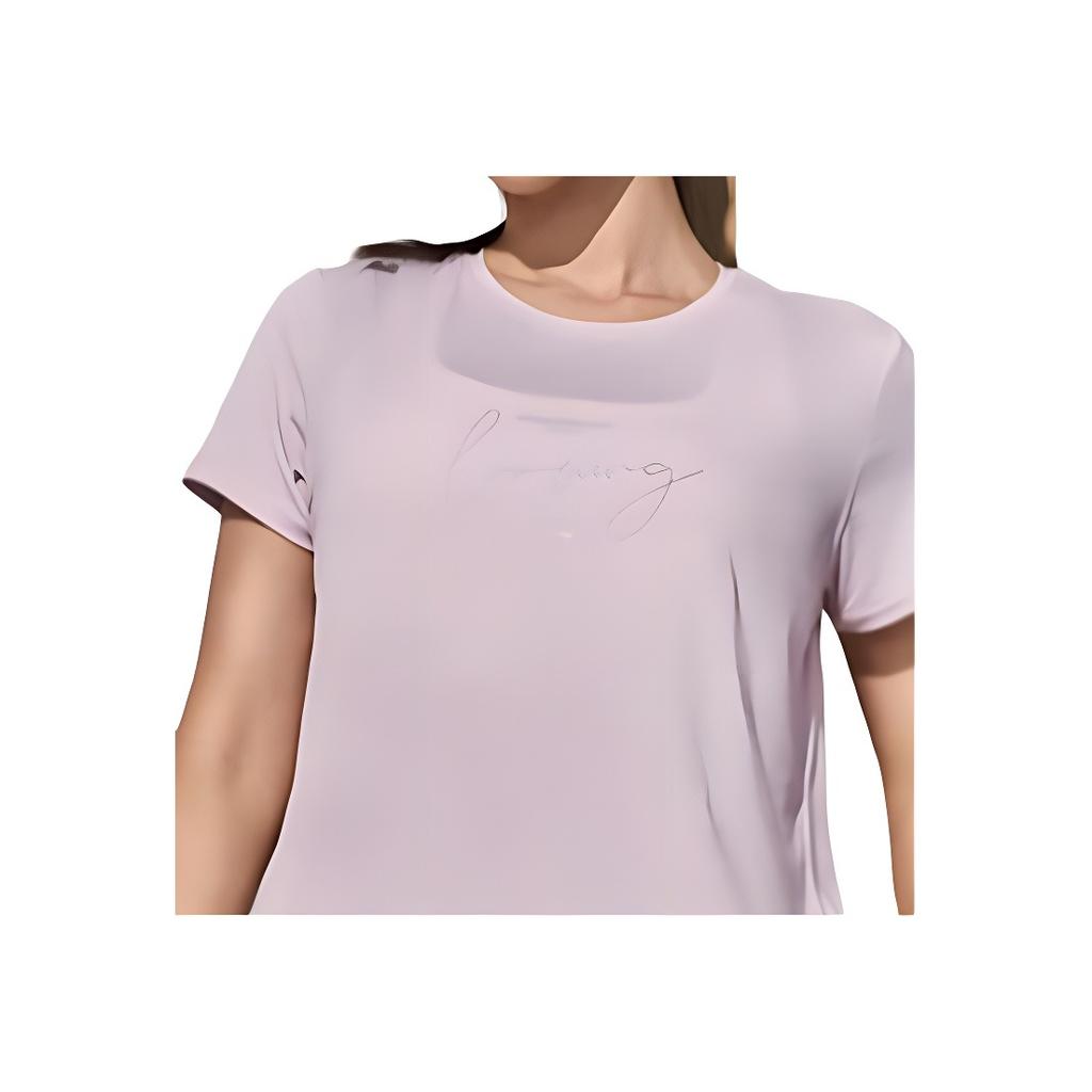 Li Ning Solid Color Letter Print Round Neck Pullover Short Sleeve T-Shirt Women Tops Pink ATST590-3