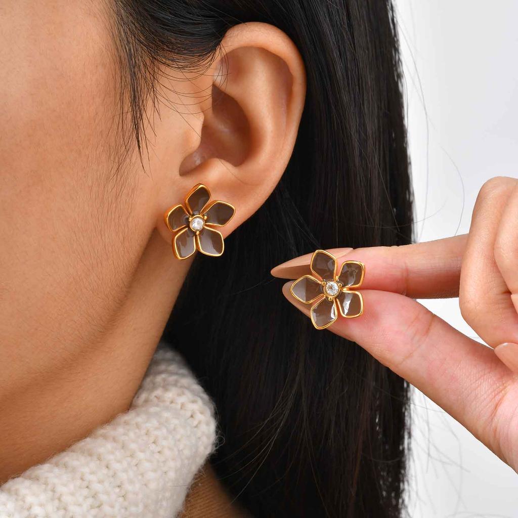 Bright Pink Lacquered Flower Texture Earrings,Stainless Steel Vintage Romantic Earrings,Daily Life Trendy Women Jewelry Gift
