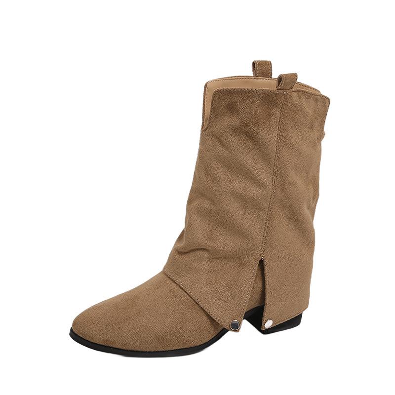 Thick Heel Pointed Western Cowboy Boots Short Boots Women's Shoes 2025 Autumn and Winter Suede with Skirt Pants Boots Skinny Boots