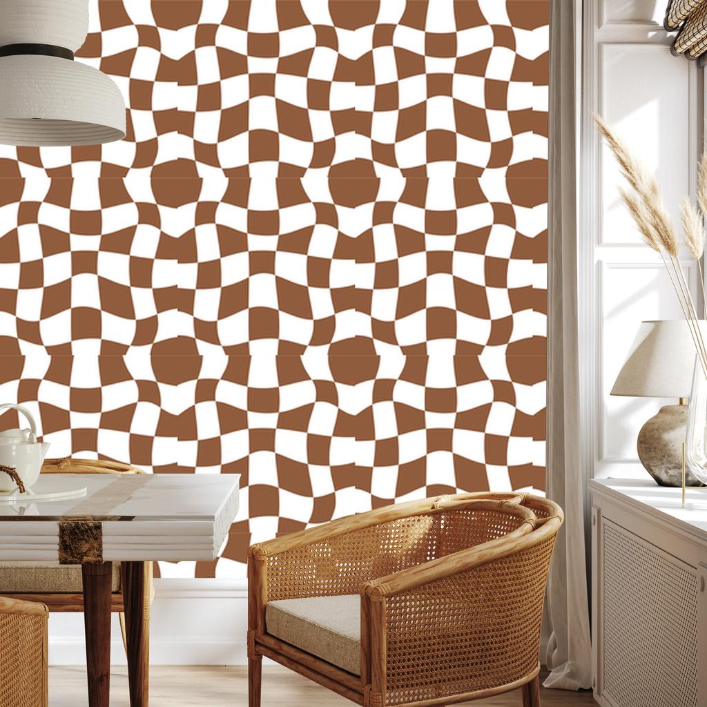 Wallpaper Casual Checkerboard Orange, White and Beige 50x1000