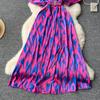 Vintage Elegant V Neck Split Print Short Sleeve Dress Chic Slim A Line Vestidos Summer Vacation Party Women Fashion Dresses