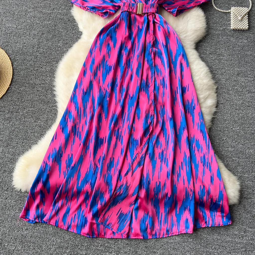Vintage Elegant V Neck Split Print Short Sleeve Dress Chic Slim A Line Vestidos Summer Vacation Party Women Fashion Dresses