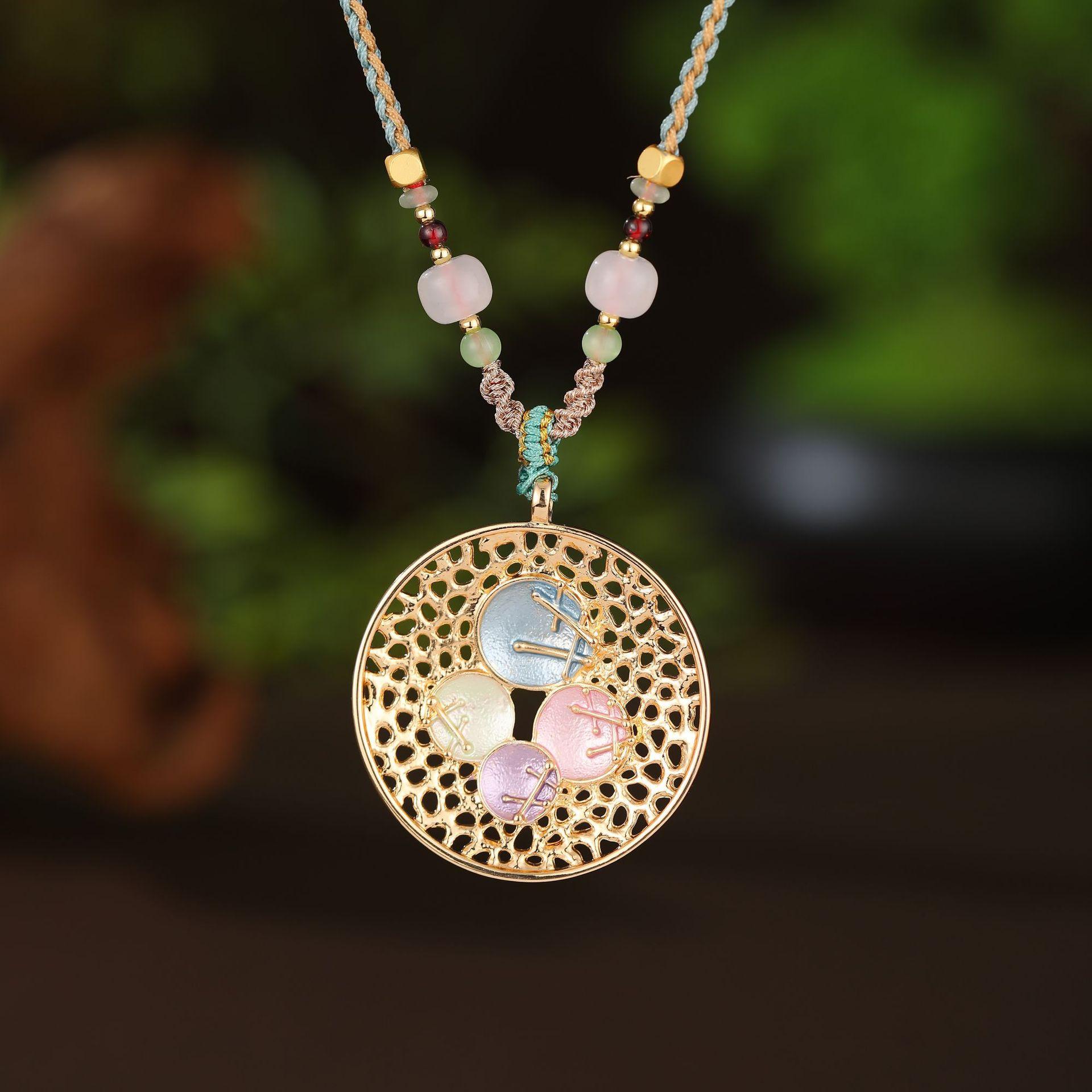 

Новый эмалевый цвет круглый полый геометрический лепесток плетеный шнур длинная подвеска, женское ретро длинное ожерелье