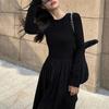 Vintage Schwarz Kleid Frauen Herbst Winter Elegante Dünne Aushöhlen Gestrickte Lange Hülse O-ansatz Lange Kleider Büro Dame