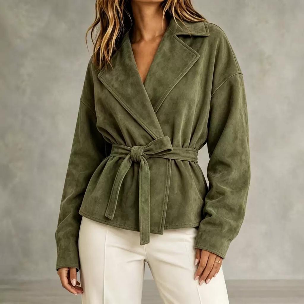 Damen Kunstwildleder Kurze Jacke Reverskragen Wickel vorn Mit Gürtel an der Taille Langärmelig Lässig Locker Oberbekleidung Mantel