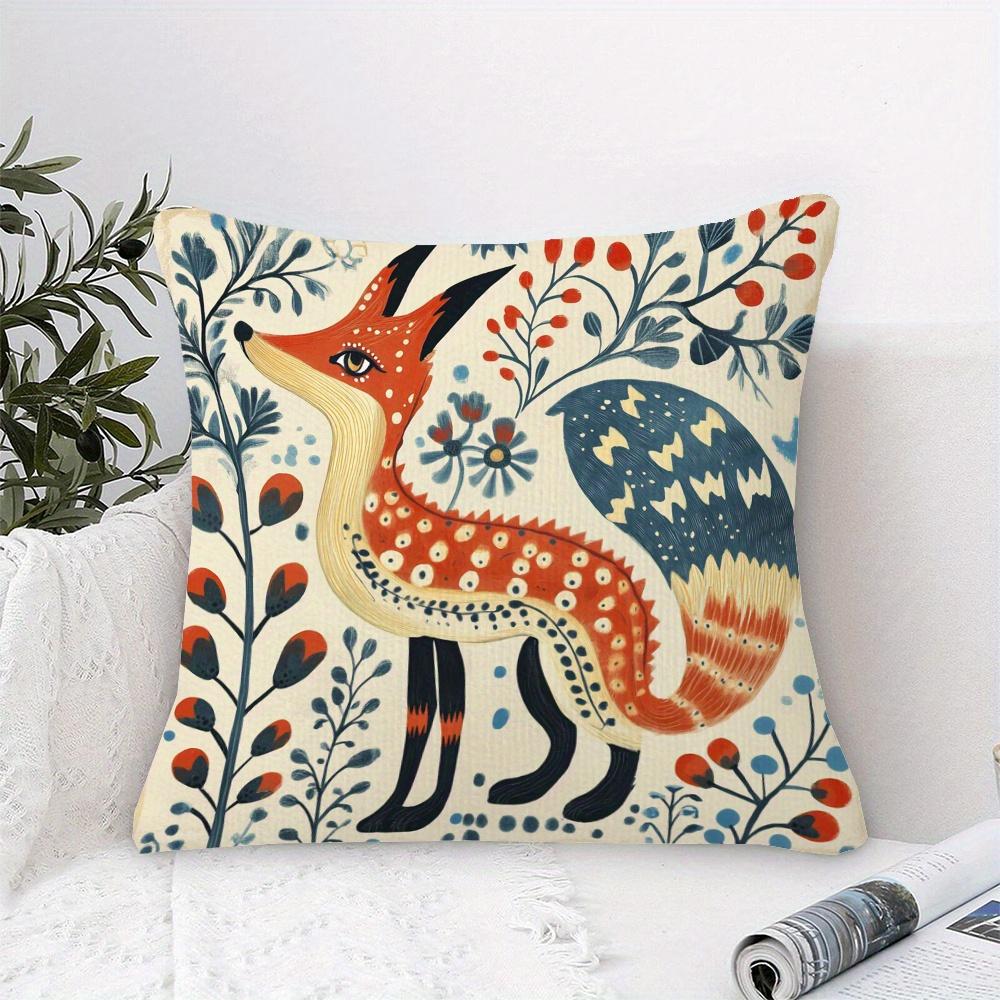 Folk Art Fox Floral Throw Pillow Cover Scandinavian Boho Animal Print Decorative Cushion Case For Cottage Home Decor Gift