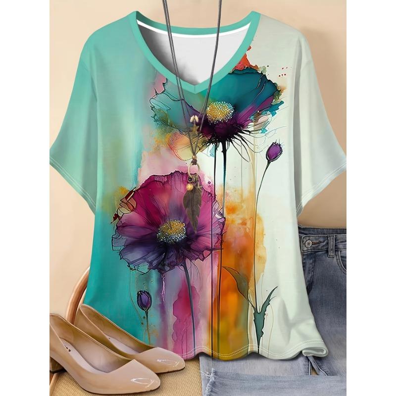 

European and American Casual Plus-Size Women s Shirts 3D Print Painted Gradient Watercolor Flower Pattern Summer Outdoor Wear S