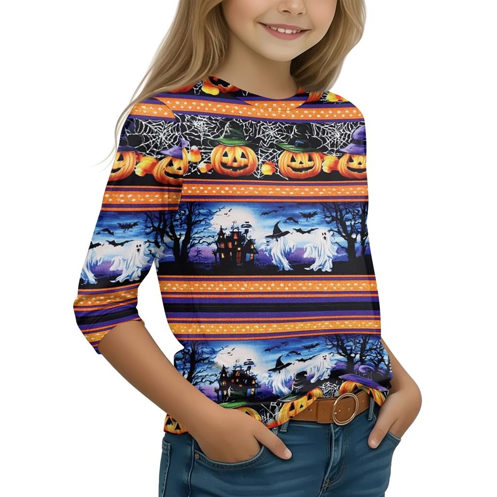 Kids Halloween Printed T-Shirt with Pumpkin Witch Design, 7/8 Sleeve Round Neck Top for Daily Wear