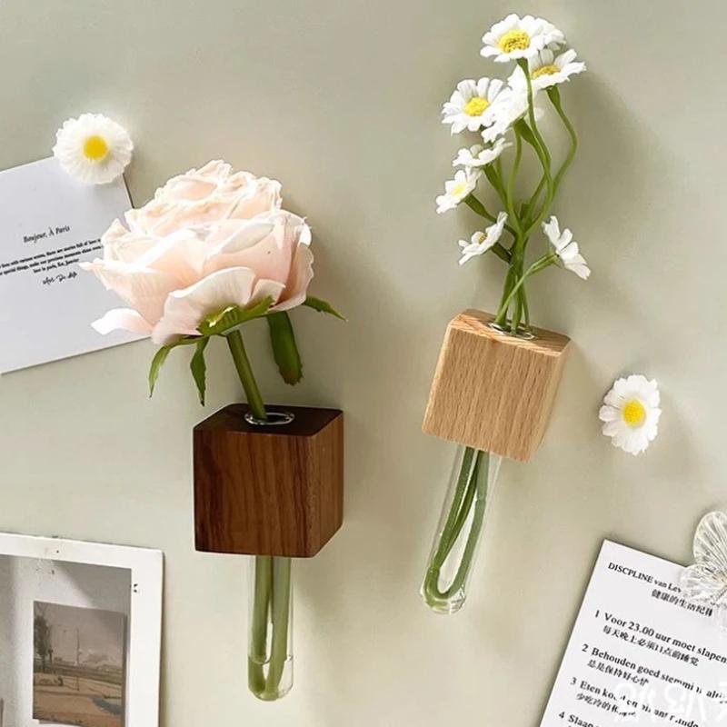 Wooden Test Tube Vase DIY Flower Arrangement Magnetic Simulation Flower Vase Refrigerator Sticker Home Kitchen Decorations Vases