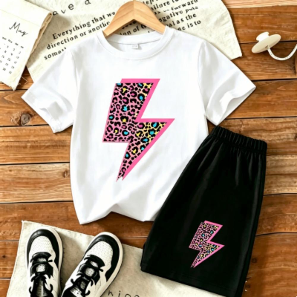 Kids Leopard Lightning Fun Printed 11 Colors Outdoor Street Kids T-shirt and Shorts 2 Piece Set Summer Home Casual Outfit Boy and Girl's Sports Set