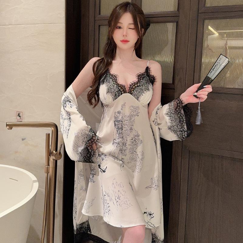 New ice silk nightdress sexy two-piece lace edge pure desire sexy simple color scheme nightdress