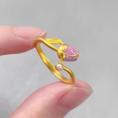 Yu Met Happiness Vietnam Gold Tulpe Blume Offener Ring für Damen