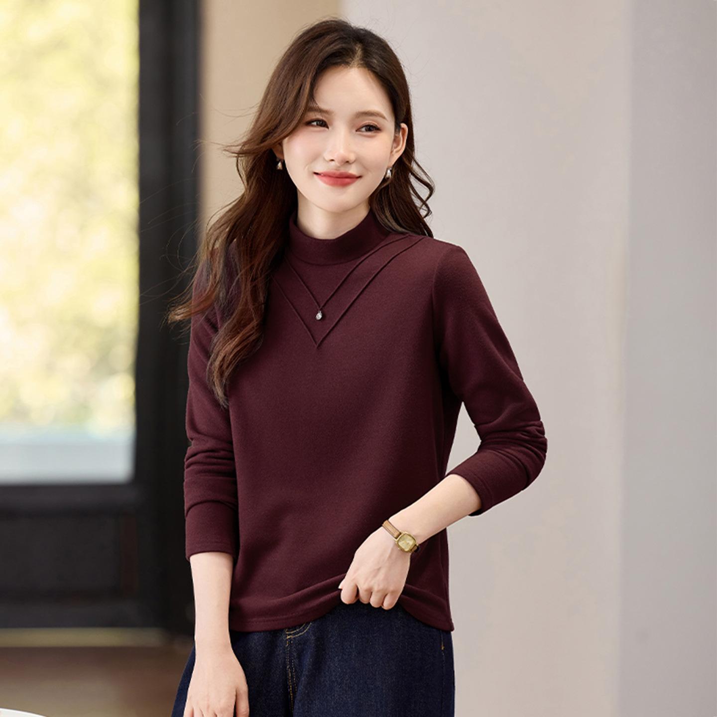 2025 Women s Velvet Half-High Neck Long-Sleeve Slimming Base Layer Top for Autumn/Winter 2XL