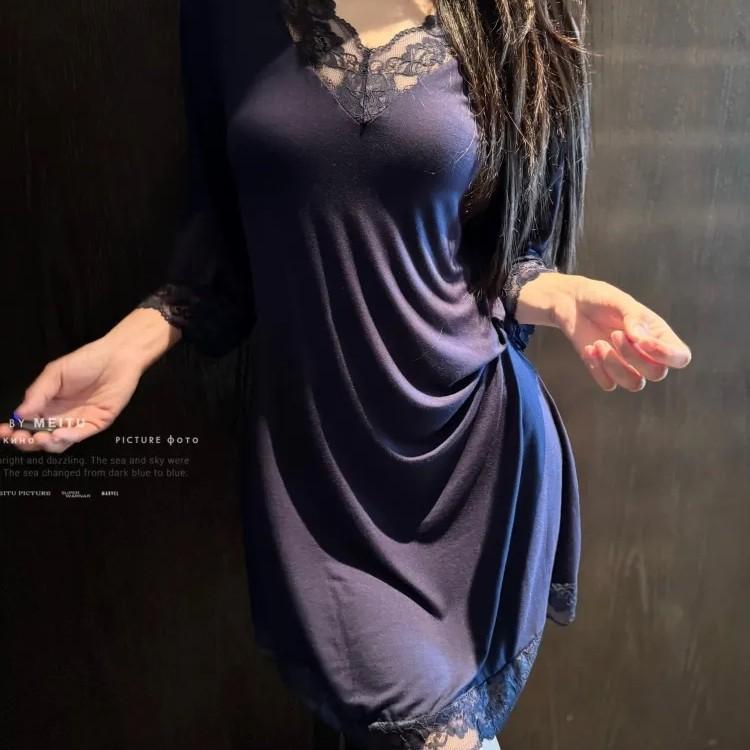 Sexy women s pajamas summer cool half-sleeved pajamas pure lace mid-skirt high-end loungewear can be worn outside M