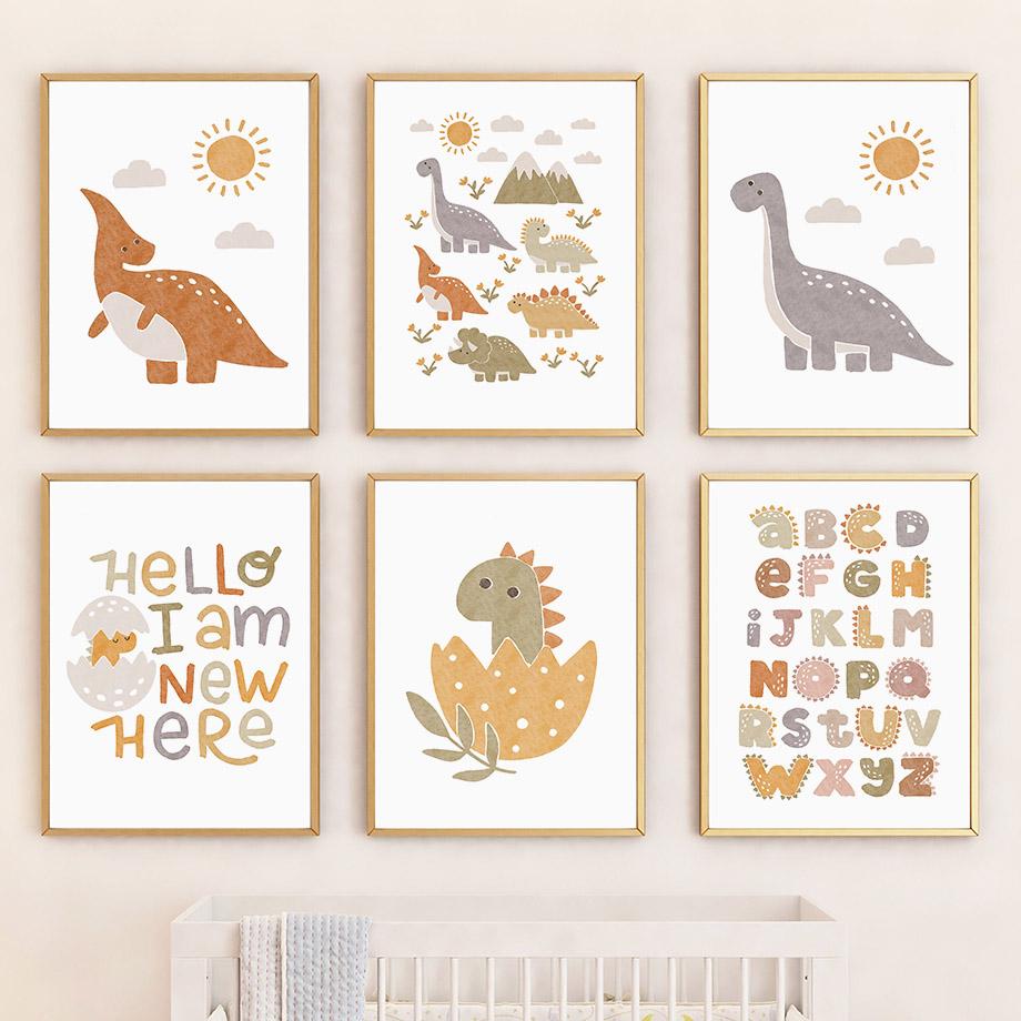 Wandkunst Kinderzimmer Dekoratives Poster Cartoon Neues Baby Dinosaurier Süßes Herz Alphabet Kindergarten Leinwand Malerei Druck Wandbild