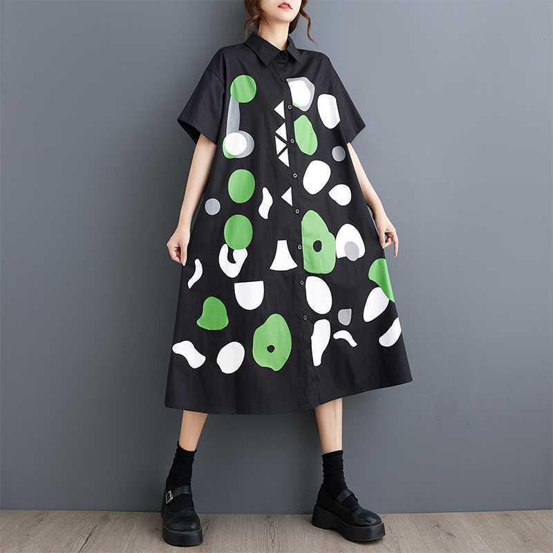 

Свободное платье в стиле пэчворк с принтом, повседневное, простое, милое, с короткими рукавами One size чёрный