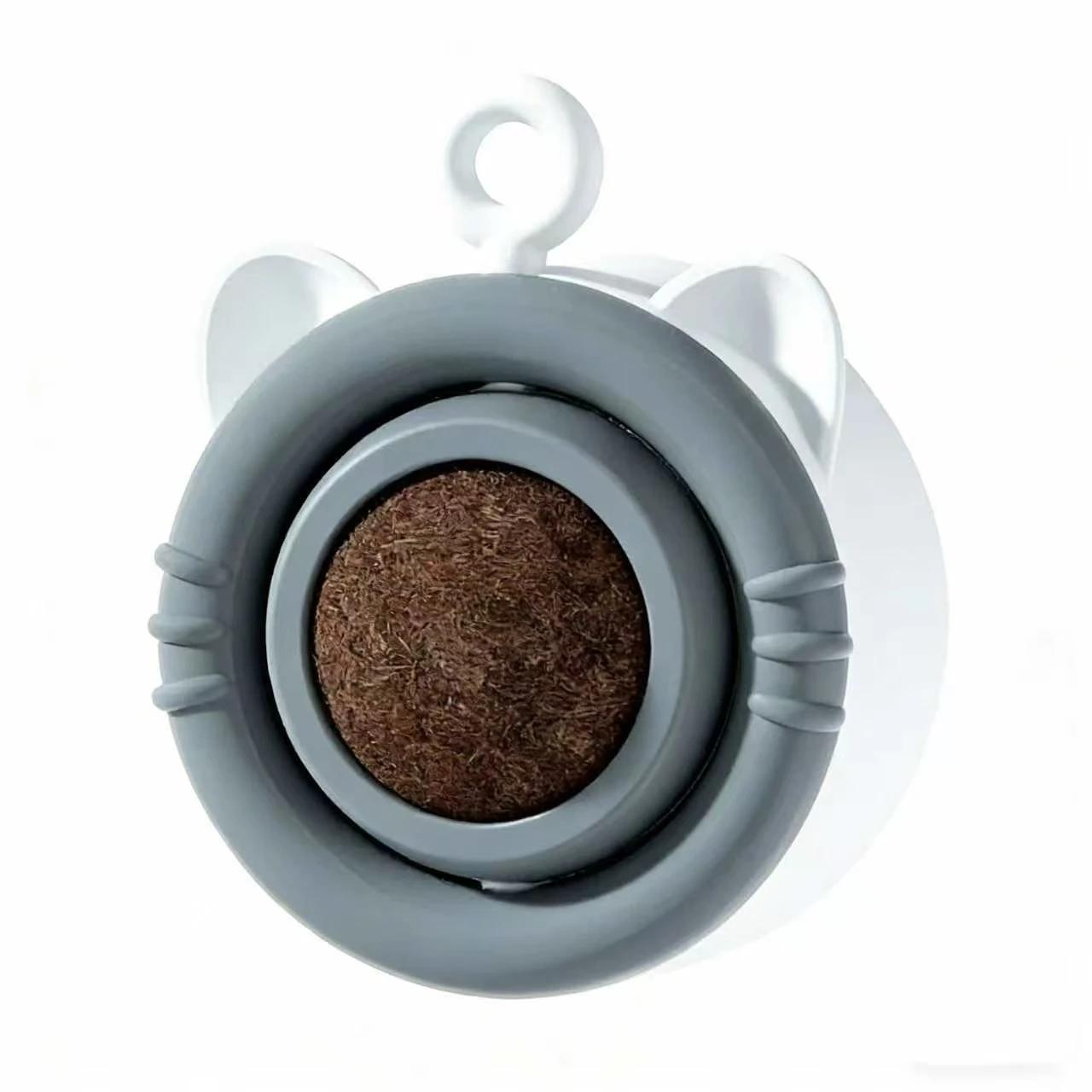 Rotating Catnip Ball Toy Cat Face Shape Teeth Cleaning Edible Catnip Balls for Cats Wall Mount Molar Toy серый