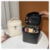 2026New Minimalist Quilted Black Cosmetic Bag, Large Capacity, Solid Color Pu Portable Travel Makeup Organizer Bag