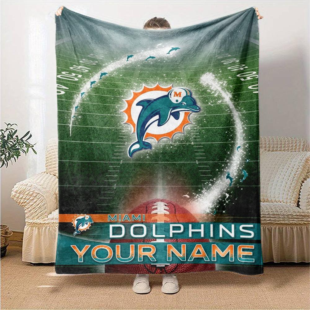 Name Custom Miami Dolphins Logos Print Flannel Blanket High Quality Warm Comfortable Cover for All Seasons Perfect for Gifts Home Decor