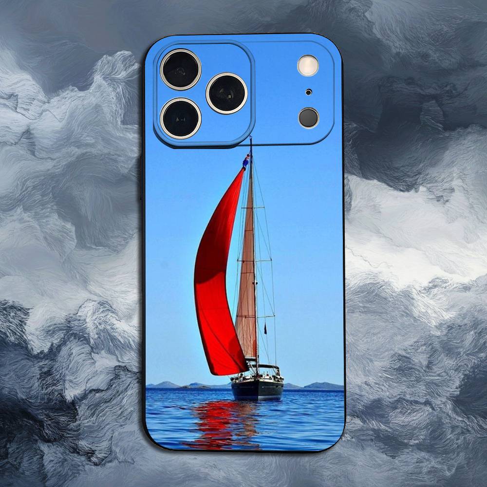 Sailing Boat For iPhone 12,16,11,14,15,17,13,X,Mini,SE,XS,Plus,Pro Max,8,7,XR,Soft Silicone Black Case