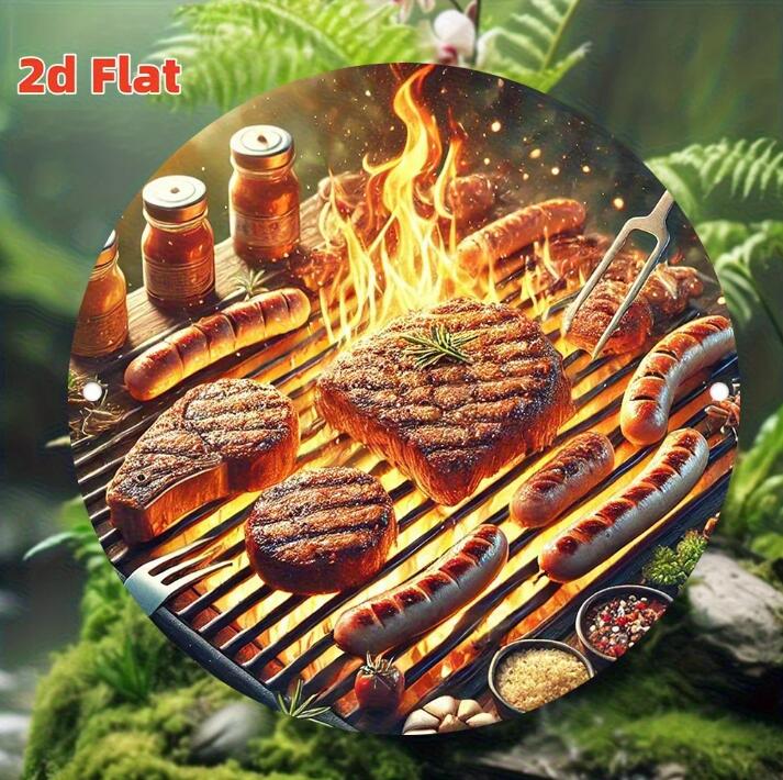 

Vintage Inspired Round BBQ Area Metal Sign Grill Themed Outdoor Decor with Steak Tools Imagery Retro Bar Cafe Patio Accessory 20x20cm(8x8inch)