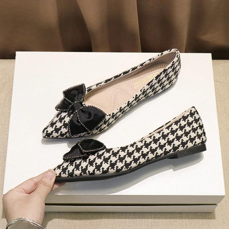 New Women Flat Shoes Fashion Print Bowknot Pointed Toe Casual Shoes Slip-on Loafers