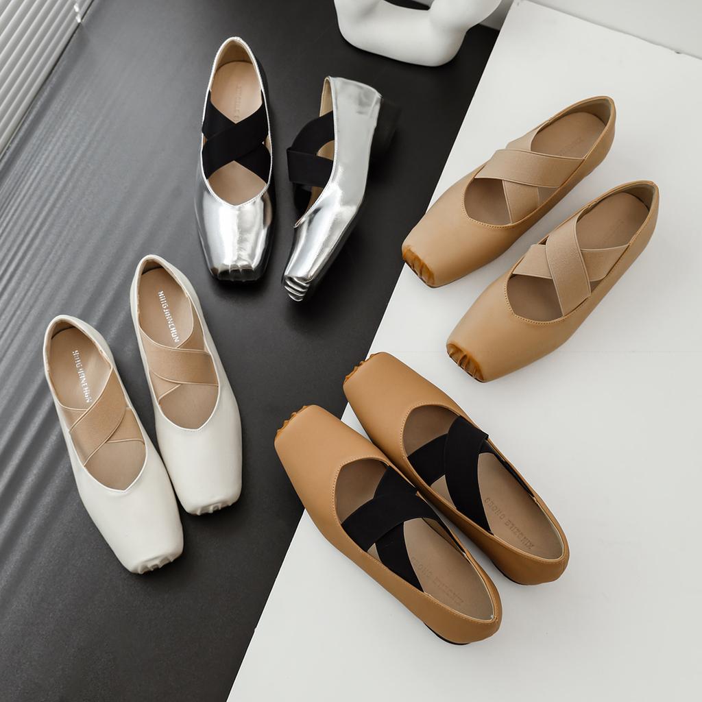 Leather ballet shoes popular 3CM5CM9CM high heel comfortable soft sole shallow mouth single shoes cross-tied Mary Jane shoes