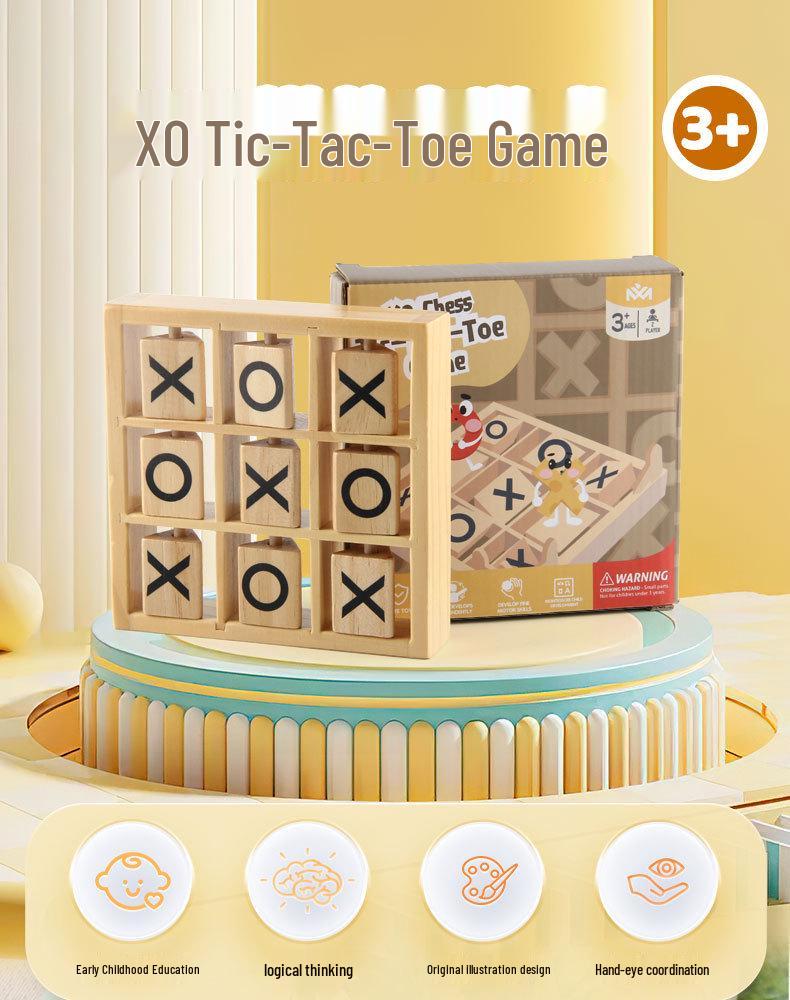 Wooden Tic-Tac-Toe Educational Toy for Kids - Interactive Three-in-a-Row Board Game & Building Blocks